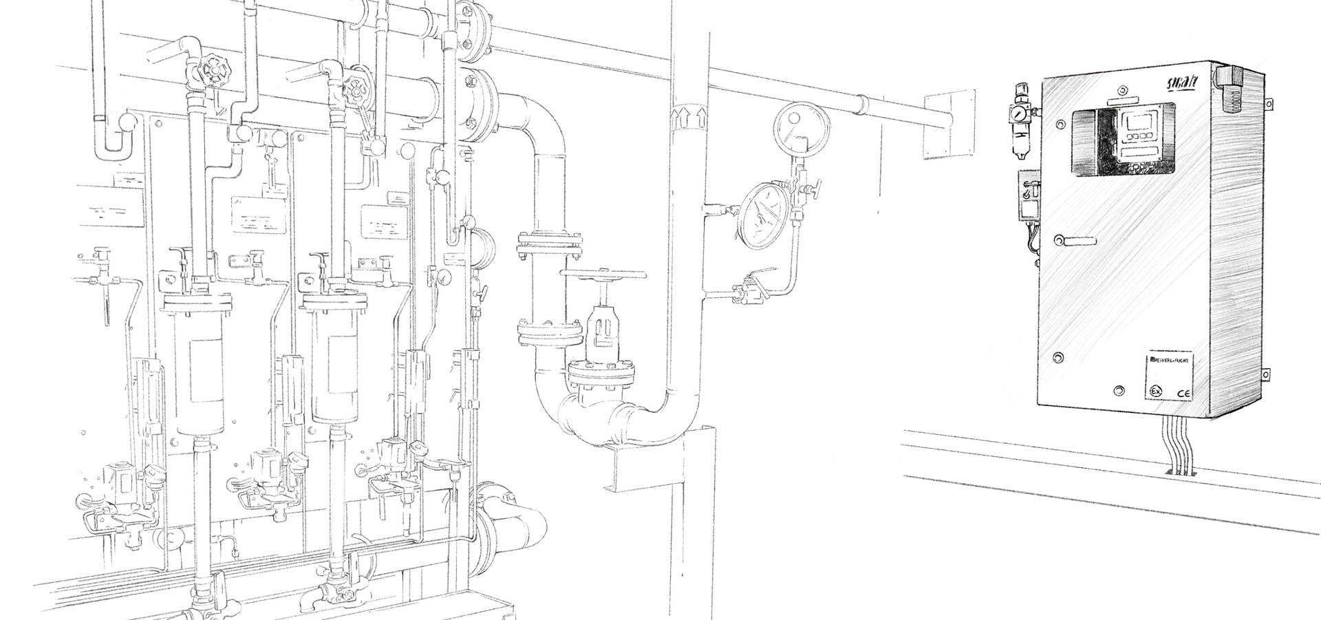 showing a scribbled customized solution of an Ex p enclosure with a Pepperl+Fuchs purge and pressurization system