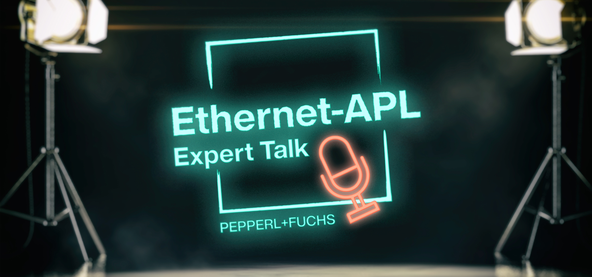 Ethernet-APL-Expert-Talk-Keyvisual eine Bühnenszene mit zwei Scheinwerfern und in der Mitte das Ethernet-APL Expert Talk Logo