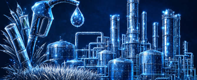 AI-generated biorefinery in futuristic style, with a dispenser dropping fuel made of agricultural residues