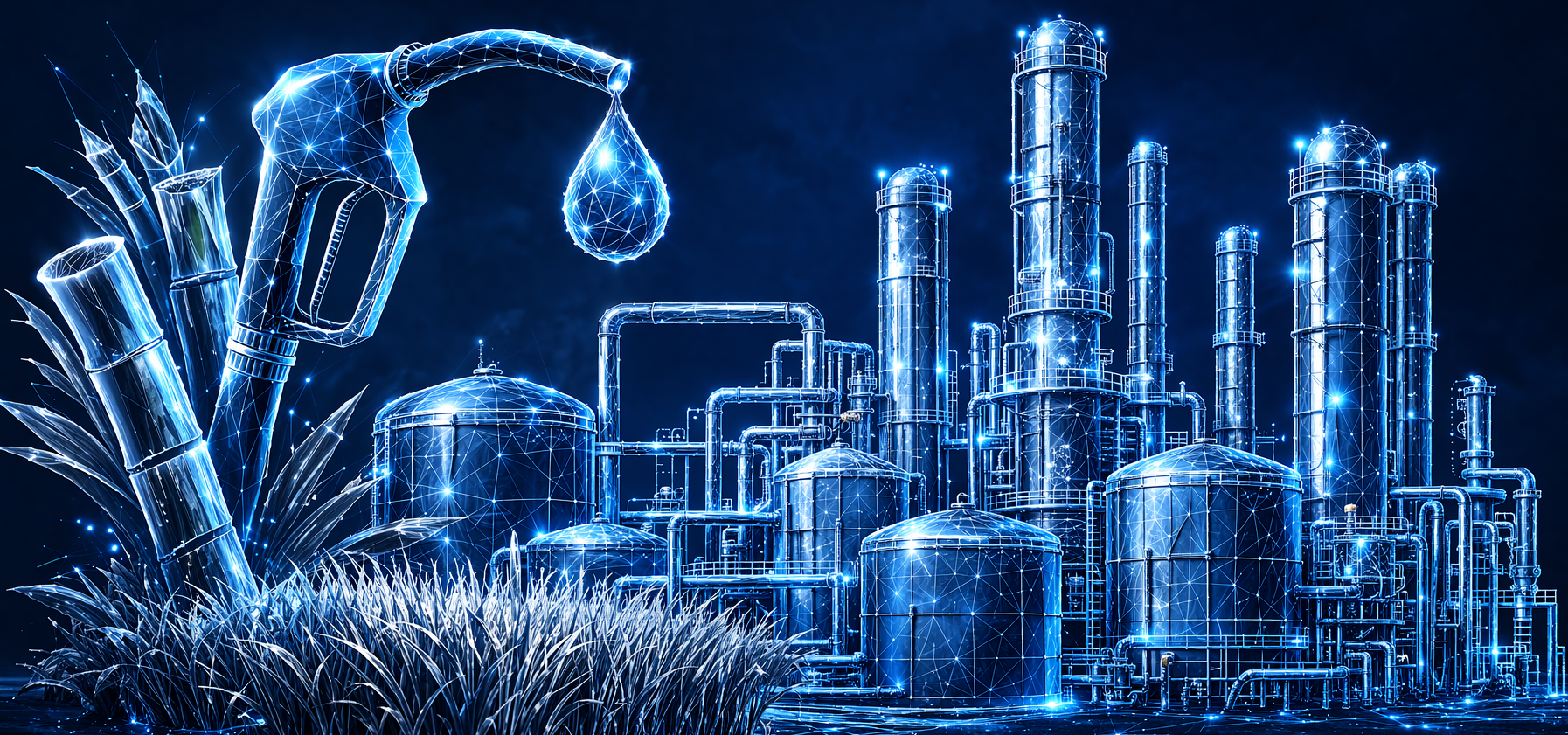 AI-generated biorefinery in futuristic style, with a dispenser dropping fuel made of agricultural residues