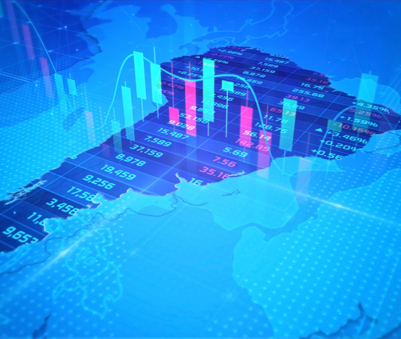 graph, numbers and figures over a map of South America, indicating economic growth