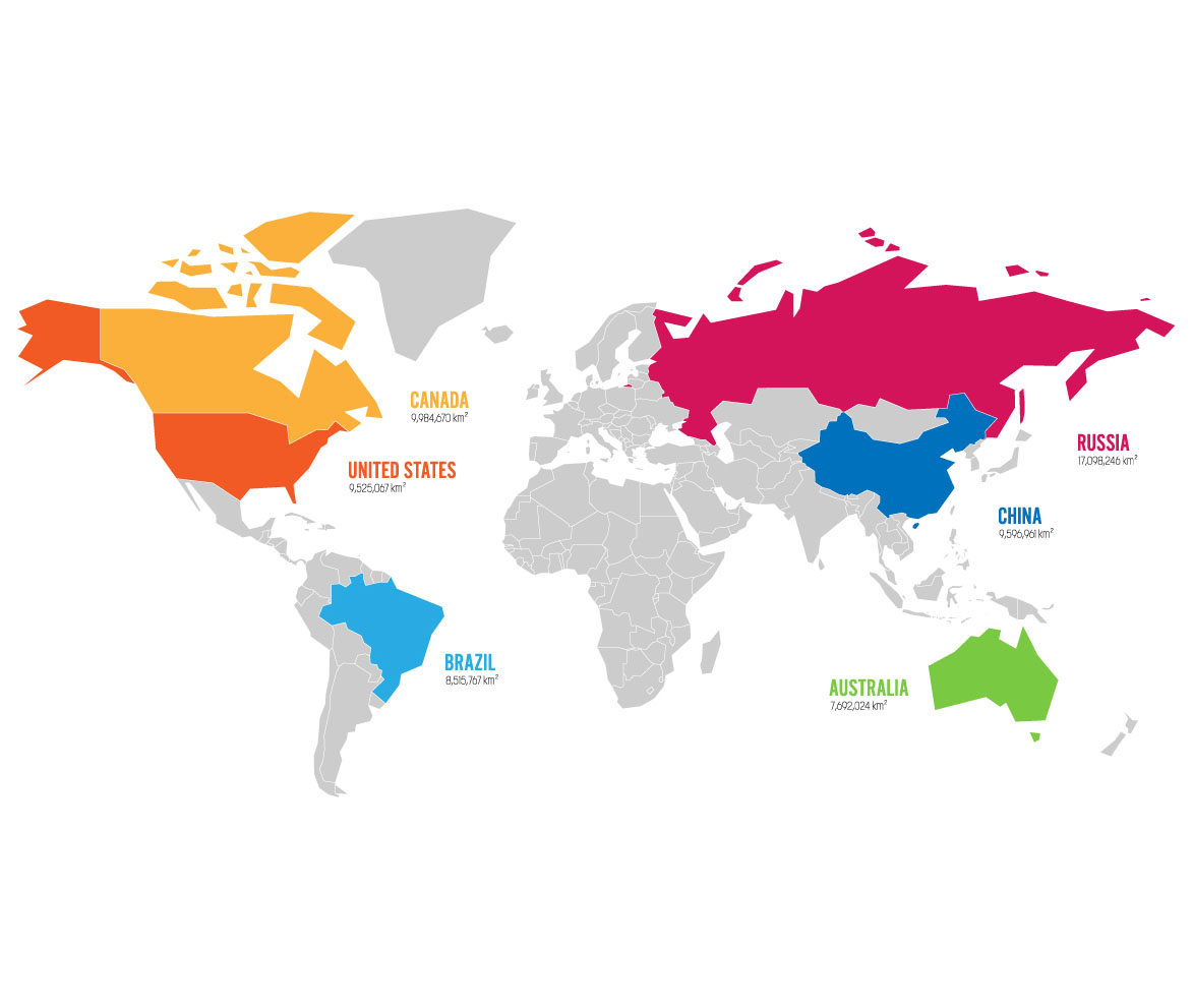 a world map showing th e six biggest countries in the world